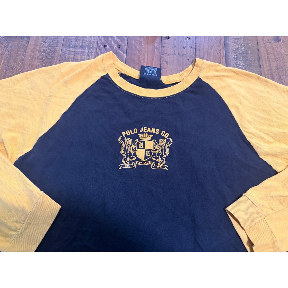 Vintage Polo Jeans Co Ralph Lauren Raglan Shirt Men XL Navy Yellow Crest Graphic - Picture 3 of 8
